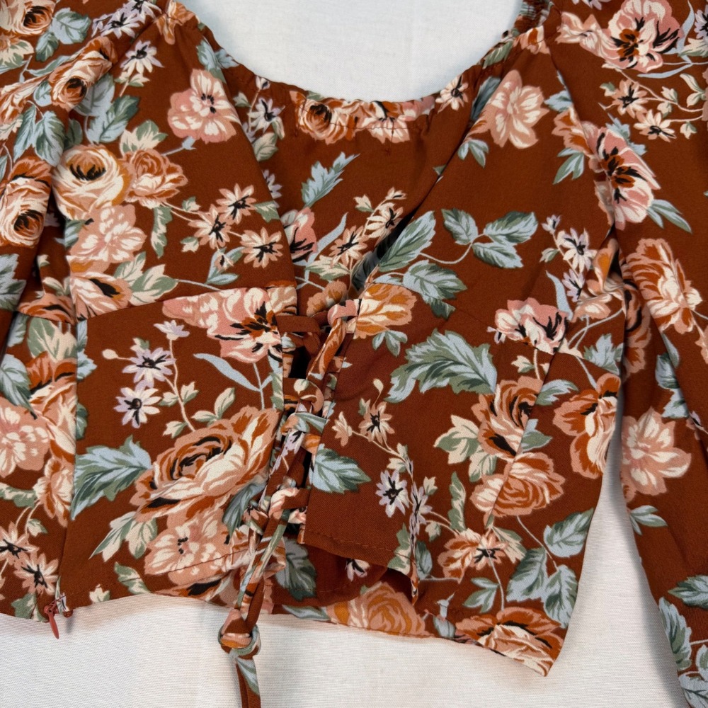 Altar'd State Rust Floral Lace Up Back Crop Top Long Sleeve Blouse Small - Picture 5 of 7